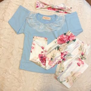 Long sleeve top with pants and head wrap bow